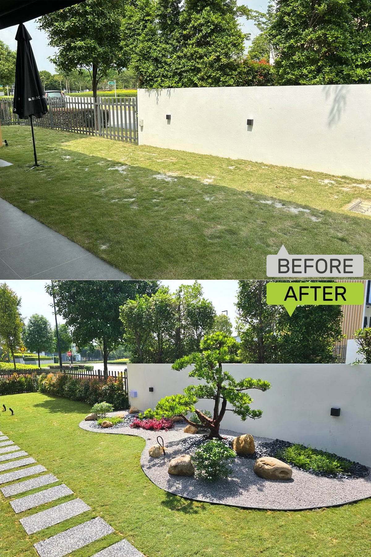 showing the transformation from a plain grass patch to a modern zen garden featuring a gravel bed, large boulders, a Podocarpus bonsai, and decorative stepping stones.